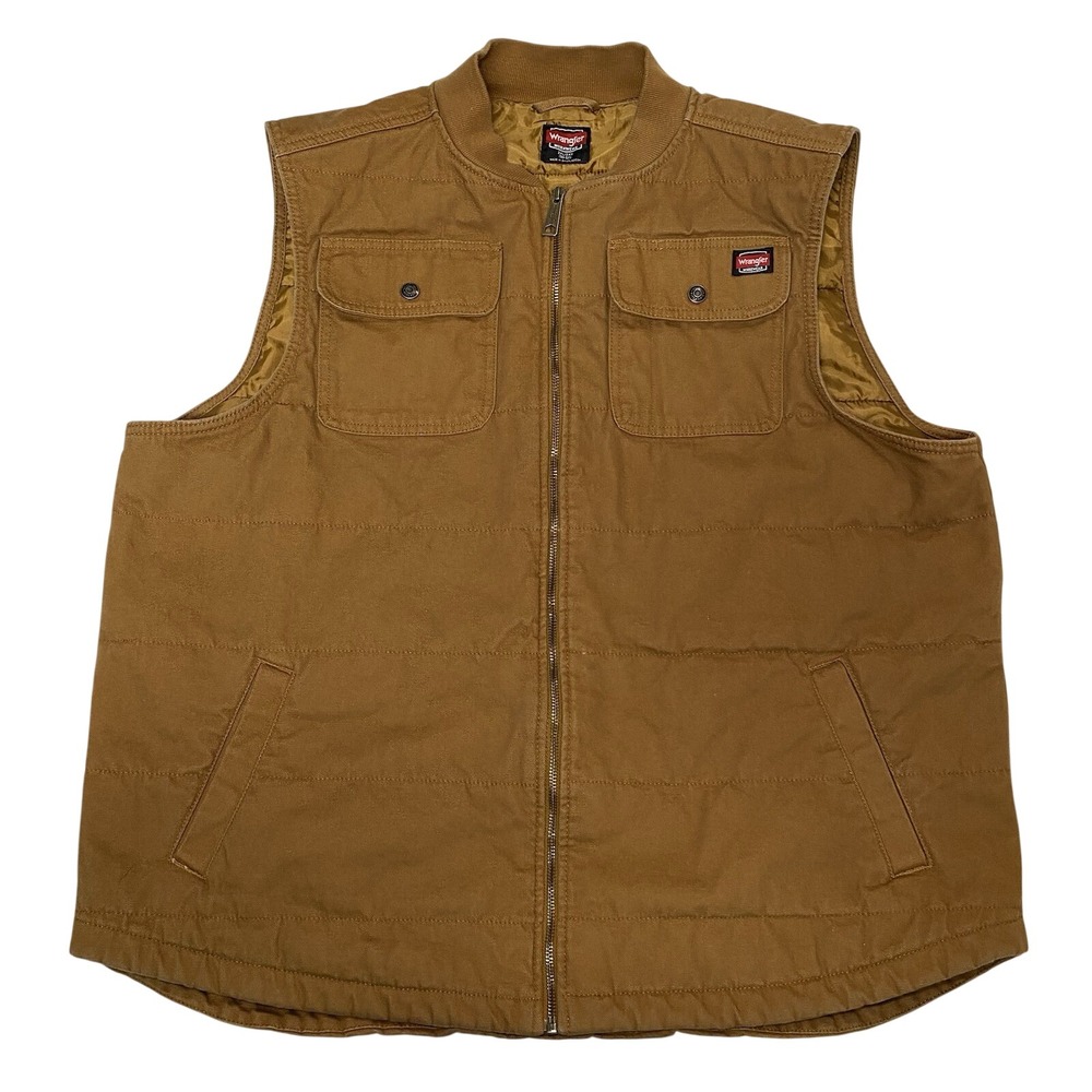 Wrangler Workwear Vest Mens 2XL Brown Canvas Quilted Zip Utility Work